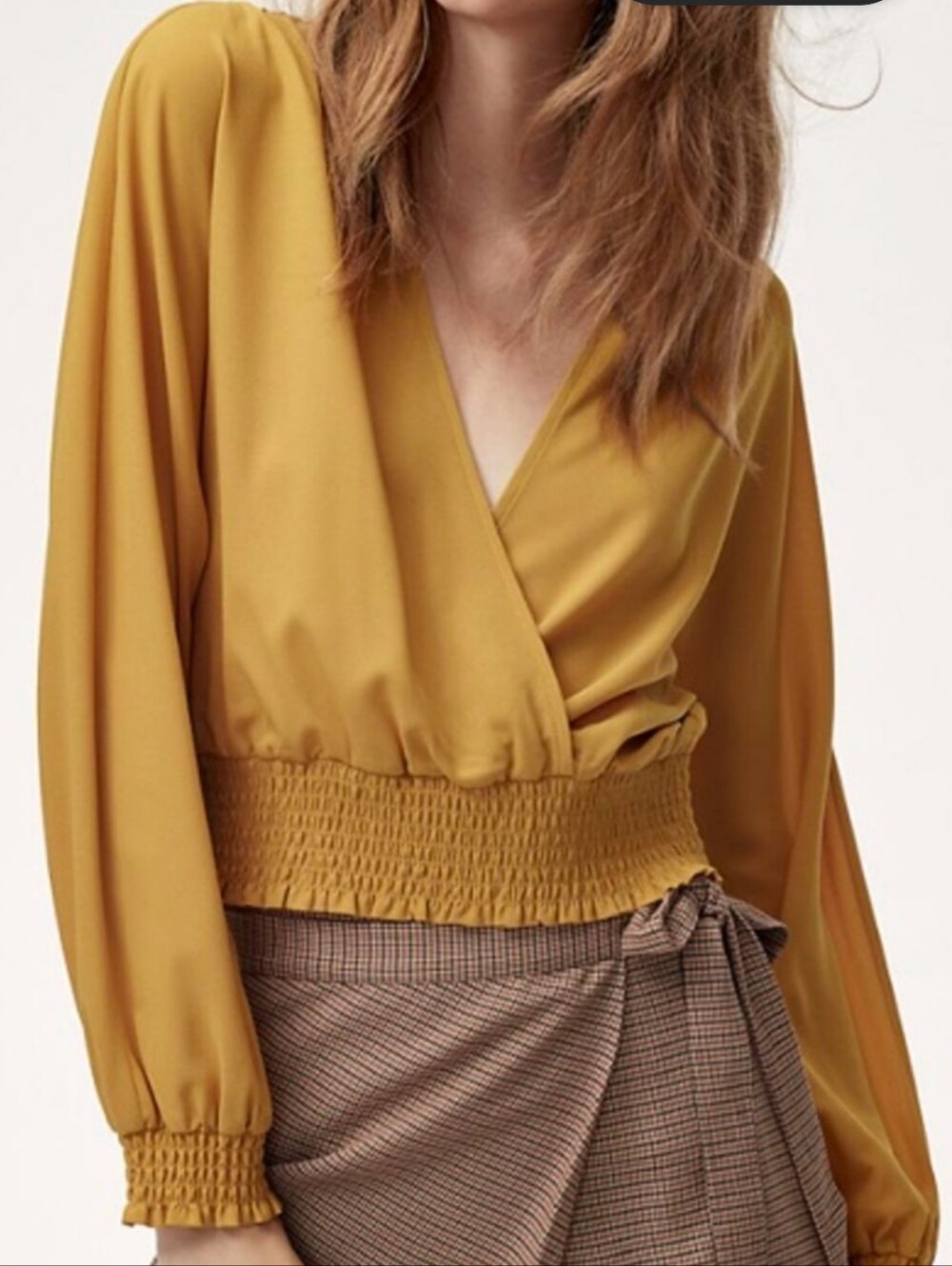 Hem & Thread Mustard Wrap Blouse with Smocked Waist